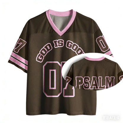 Heals ChristianJersey PersonalityT-Shirt Summer Women'S Fashion High Street Short Sleeved V-Neck Mesh Sportswear Casual Y2k Top